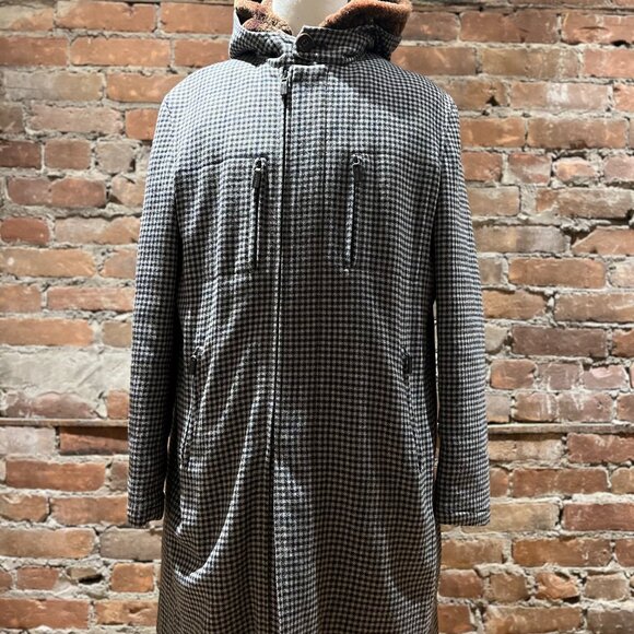 ETRO Milano Wool Blend Houndstooth Coat with Shearling Hood - Picture 4 of 14